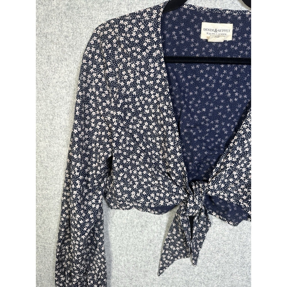Denim & Supply Ralph Lauren Womens Top Large Blue Floral Cropped Blouse Tie - Picture 3 of 12